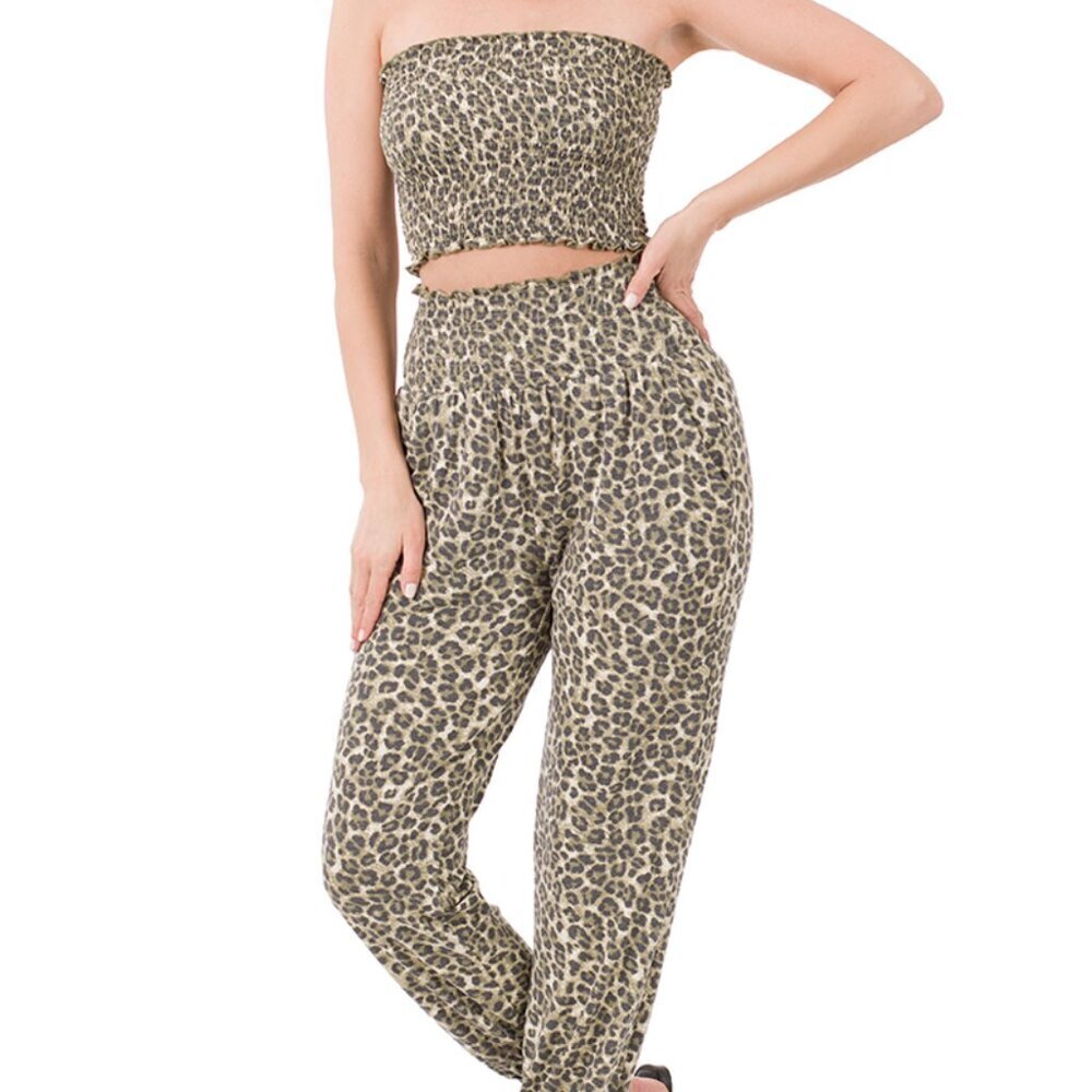Travel Passions - Olive Leopard Smocked Tube Top & Lounge Jogger Pants